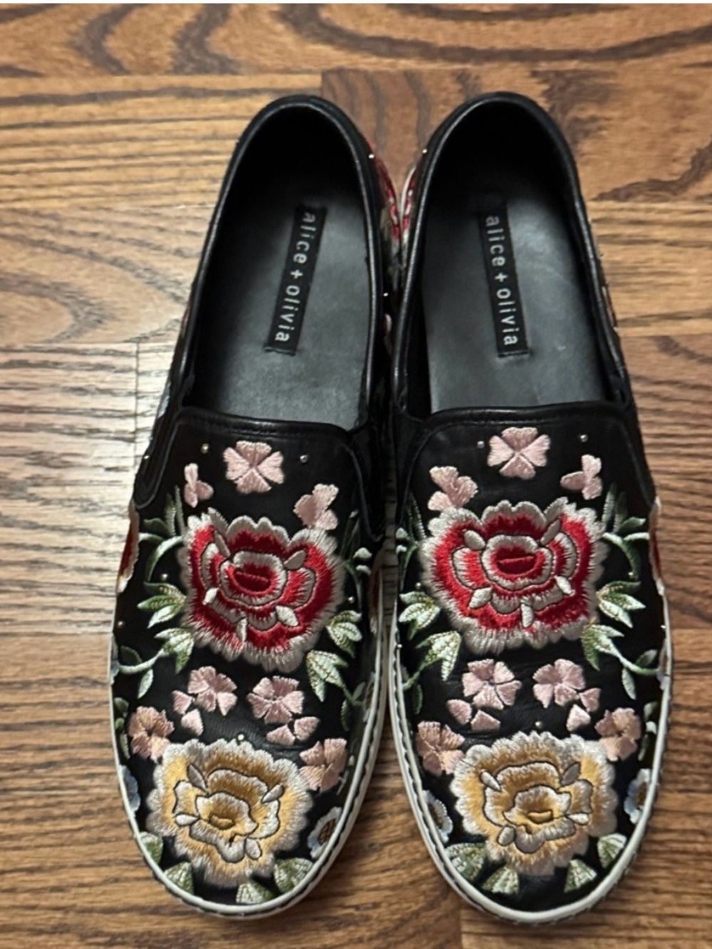 Alice + Olivia Black Floral Embroidered Slip-On Sneakers